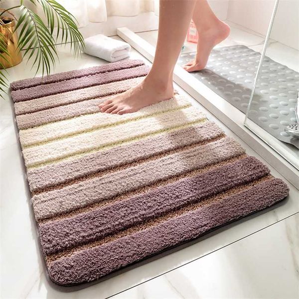 Simple Striped Microfiber Bath Mat Absorbent and Quick-drying Foot Mat Super Soft Flocking Bath Rug TPR Non-slip Entrance Mat 211130