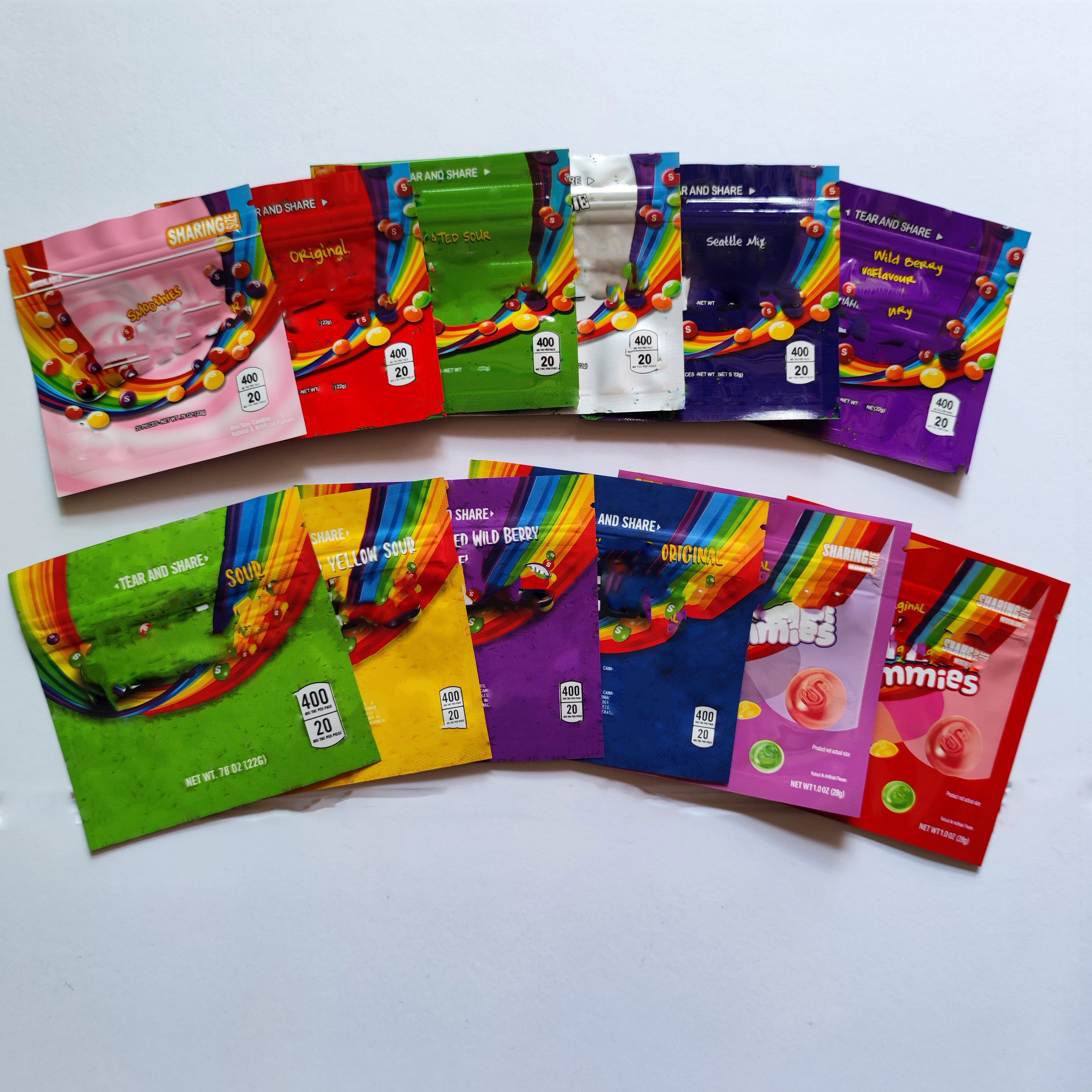 Wholesale 13 types sktss edible Gummies Mylar Bags Empty Medicated Sour Rainbow Edibles Candy Gummy Zipper Packaging Bag In stock
