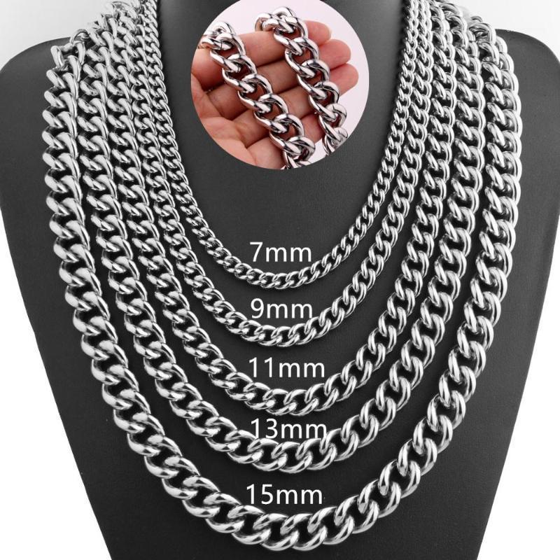 7-9-11-13-15mm Fashion Heavy Men&#039;s Necklace Silver Color 316L Stainless Steel Collar Choker Cuban Curb Link Chain Wholesale Gift Chains