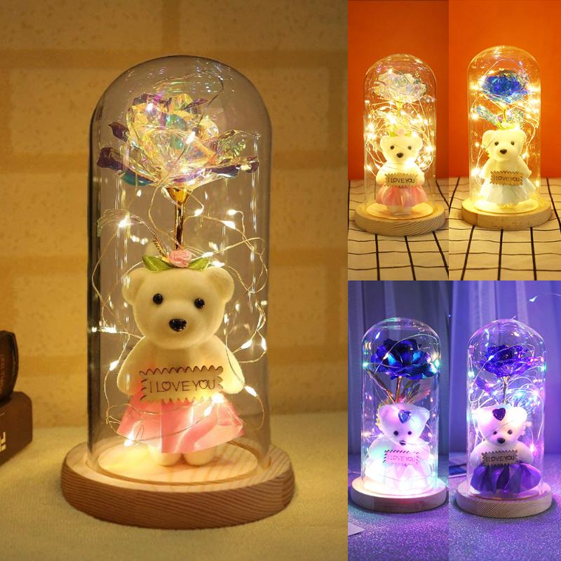 Night Lights Enchanted Beauty Rose Bear LED Light Artificial Foil Flower Fairy Lamp In Glass Christmas Valentine&#039;s Day Gift P45