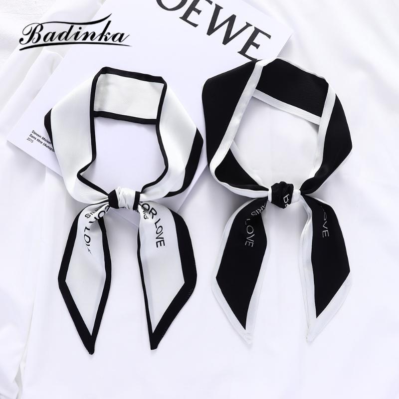 Scarves Badinka 2021 Black White Long Skinny Silk Hair Scarf Headband Women Letter Printed Purse Bag Head Foulard Cheveux