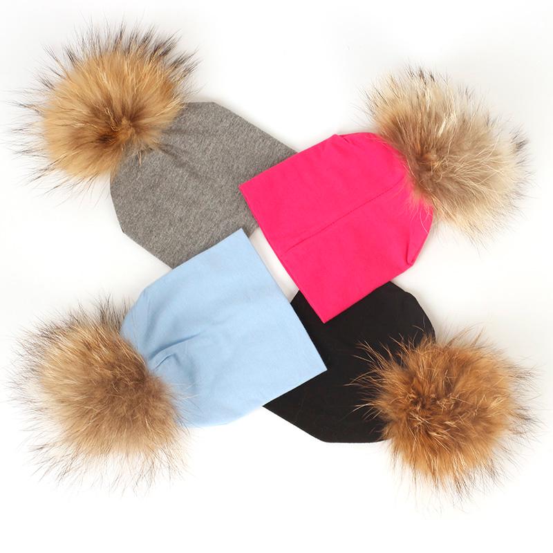 Berets Baby Beanies For Kids Infants Toddler Cotton Beanie With 12cm Real Fur Pompom Hats Solid Color Winter Soft Warm Hat