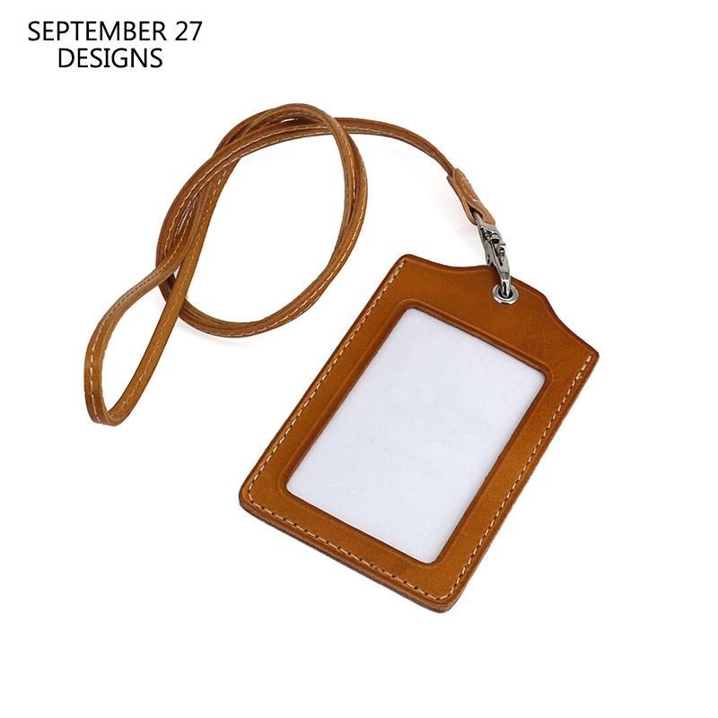 Card Holders Fashion ID Badge Holder For Office Work Genuine Leather Handmade Simple Neck Lanyard Vertical Identity Bus Wallet