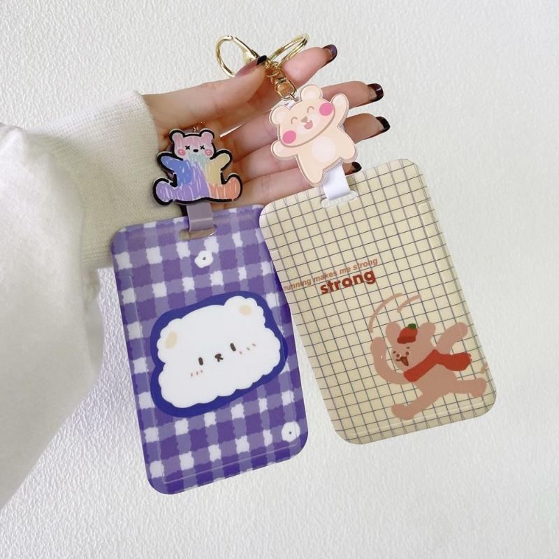 Card Holders Student Cherry Bus Cover Plaid Meal Bear Bank Retractable Buckle Cartoon Holder Case Key Chain