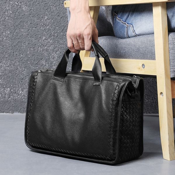 Briefcases Leather Men&#039;s Bag Business One Shoulder Laptop Sheepskin Briefcase Woven Messenger