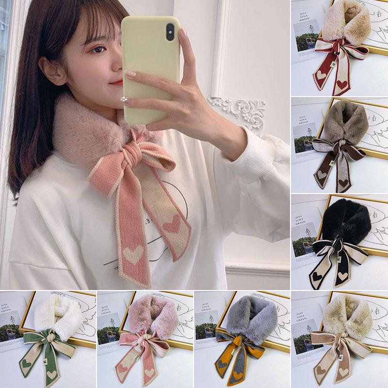 Scarves Soft Plush Girls Scarf Winter Faux Fur Cute Love Heart Bow Ties Collar Women Neck Warmer Knitted Outdoor Neckerchief