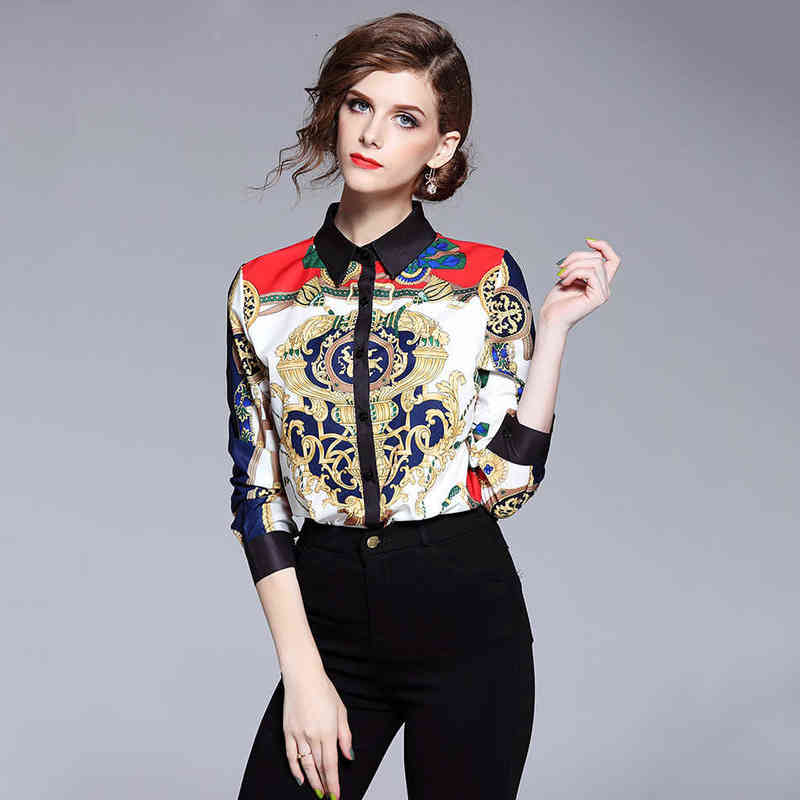 Womens Tops And Blouses High Quality Runway Shirt Women Long Sleeve Shirts Print Vintage Blusa Feminina Manga Comprida