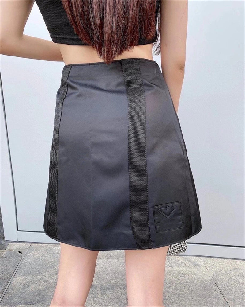 Women Skirts Cotton Blends Short Triangle Black A-Lineskirt Slim High Waist Side Zipper Solid With Mini Overskirt f0c6