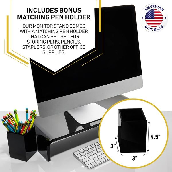 Acrylic Monitor Stand with Matching Pen Holder, 12mm Thick Clear Acrylic Monitor Riser, Laptop Stand for Home, Office, and Work. Computer De