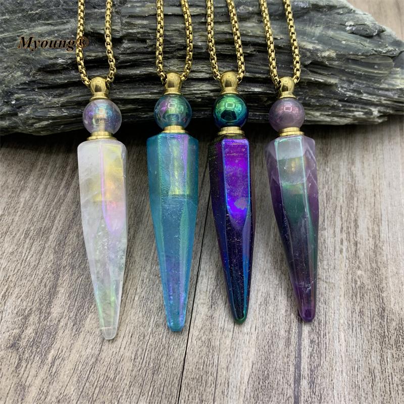 Pendant Necklaces Titanium Faceted Amethysts White Crystal Stick Point Perfume Bottle Necklace,Quartz Essential Oil Diffuser Vial Jewelry