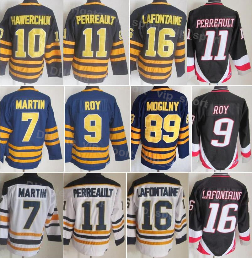 Men Ice Hockey Vintage Retro 11 Gilbert Perreault Jerseys CCM 10 Hawerchuk 89 Mogilny 16 Pat LaFontaine 7 Rick Martin 9 Derek Roy Black Navy Blue Wh