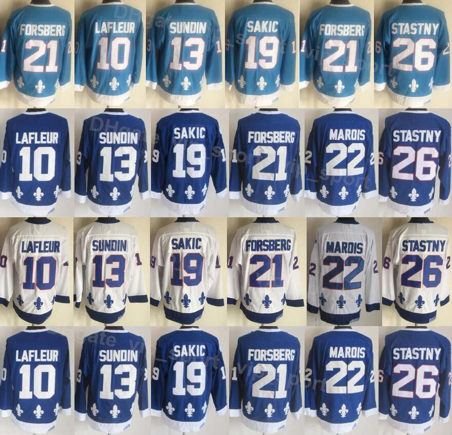Men Ice Hockey Vintage Retro 19 Joe Sakic Jersey 21 Peter Forsberg 26 Peter Stastny 10 Guy Lafleur 13 Mats Sundin Navy Blue White Home All Stitched