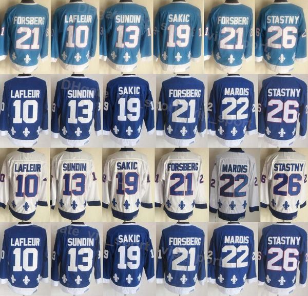 Men Ice Hockey Vintage Retro 19 Joe Sakic Jersey 21 Peter Forsberg 26 Peter Stastny 10 Guy Lafleur 13 Mats Sundin Navy Blue White Home All S