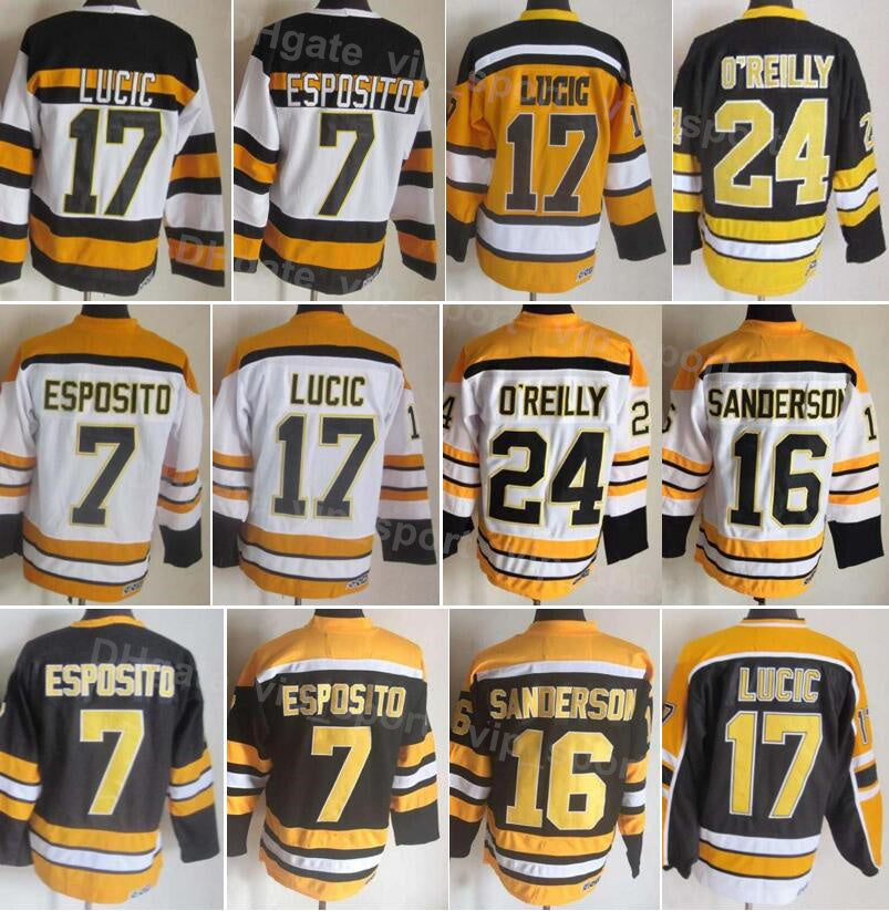 Men Ice Hockey Vintage Retro 16 Derek Sanderson Jersey 17 Milan Lucic 24 Terry OReilly 7 Phil Esposito All Stitched Home Black Yellow White 75 Anniv