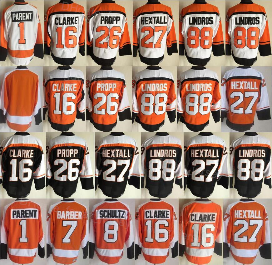 Men Retro Ice Hockey Vintage 16 Bobby Clarke Jersey 27 Ron Hextall 26 Brian Propp 1 Bernie Parent 7 Bill Barber 88 Eric Lindros 8 Dave Schultz All S