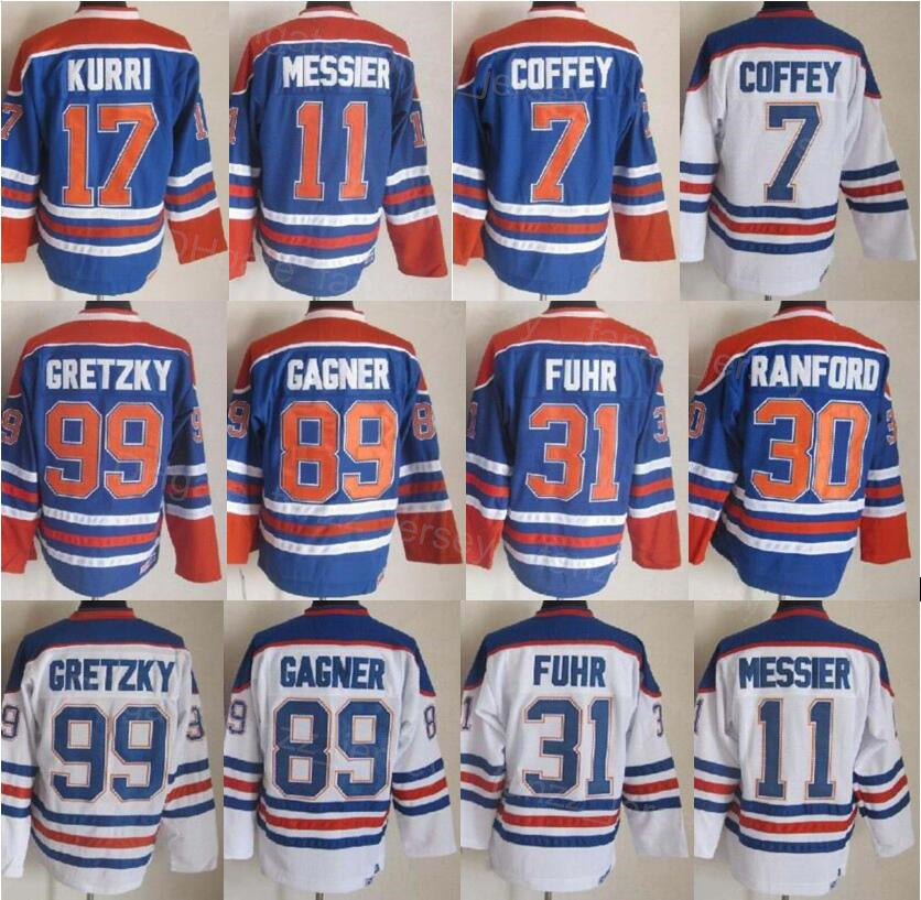 Men Retro Hockey Vintage 11 Mark Messier Jerseys 30 Bill Ranford 7 Paul Coffey 89 Sam Gagner 17 Jari Kurri 31 Grant Fuhr 99 Wayne Gretzky Blue White