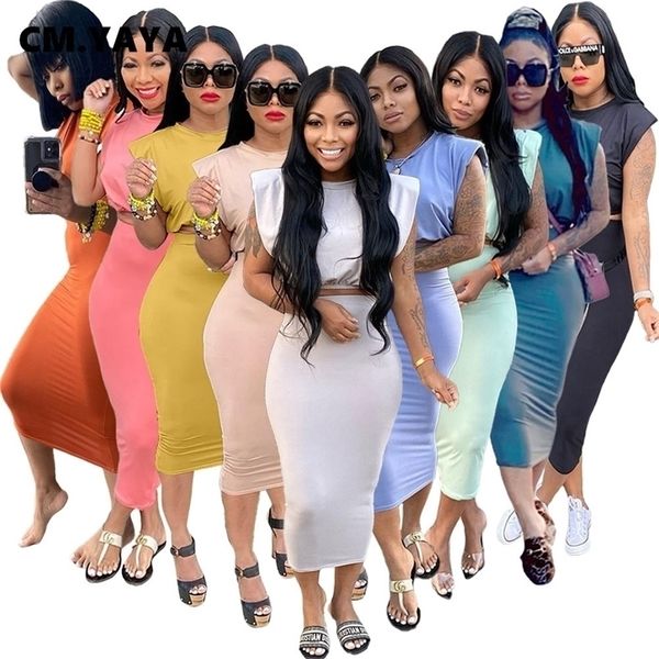 CM.YAYA Women Skirts Two 2 Piece Set Fashion Streetwear Crop Tops and Midi Skirt Matching Classic Outfits 220302