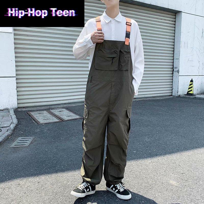 Men&#039;s Pants Hip Hop Teen Black Bib Casual Jumpsuits Streetwear Multi Pockets Fashion Green Suspenders Men Punk Cargo Overalls