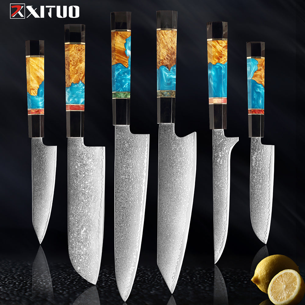XITUO Damascus Chef Knife Set Professional Kitchen Knife Cleaver Slicing Utility Knive Stable wood&amp;resin Handle Cooking Tools