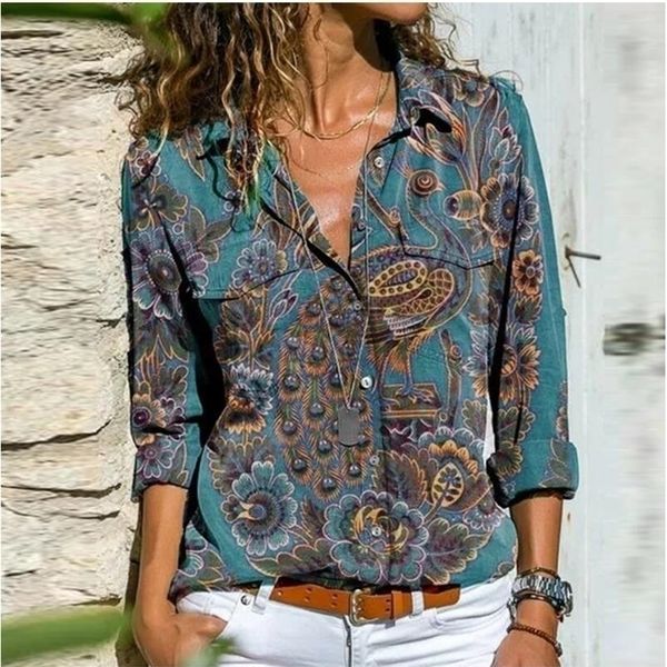 S to 5XL Women Blouse Retro Colorful Print Buttons Shirt Autumn Long Sleeve Turn-down Collar Ladies Top Streetwear Casual Blusa 220310