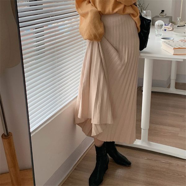 OL Elegant Women High Waist Vintage Fashion Pleated Knitted Skirt Autumn Winter Work Wear Solid Long Skirts Womens 210421