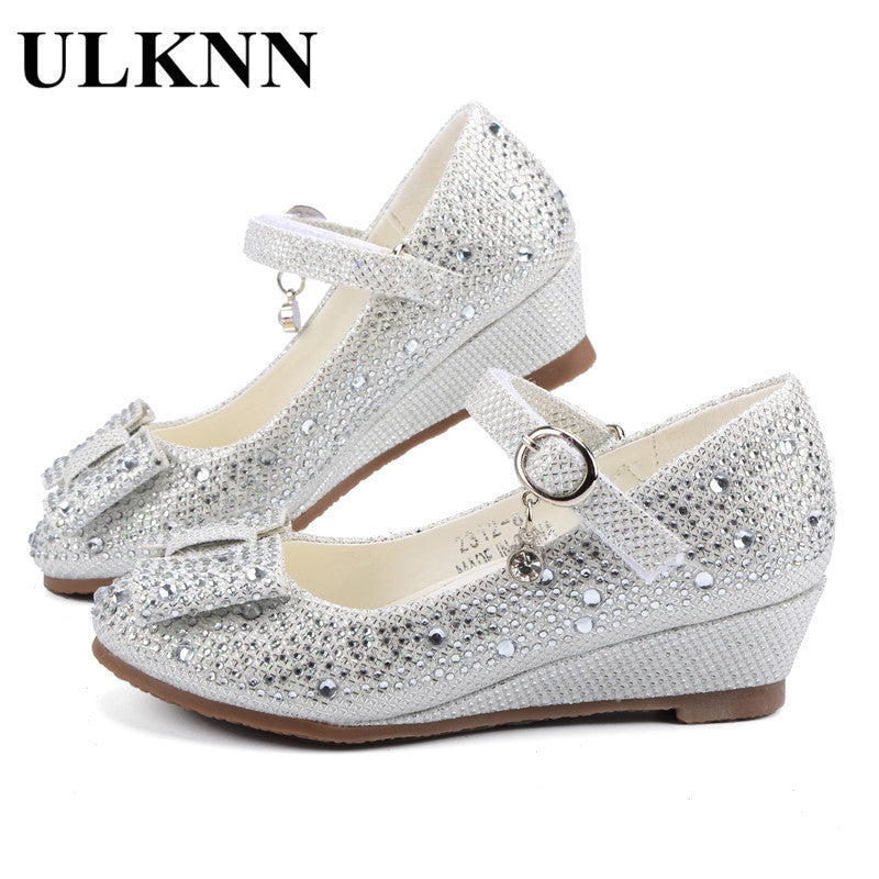 Sneakers ULKNN Girls Silver Gold Party Wedding shoes Princess Leather Glitter Crystals Rhinestones Wedge Butterfly Knot Kids 1029