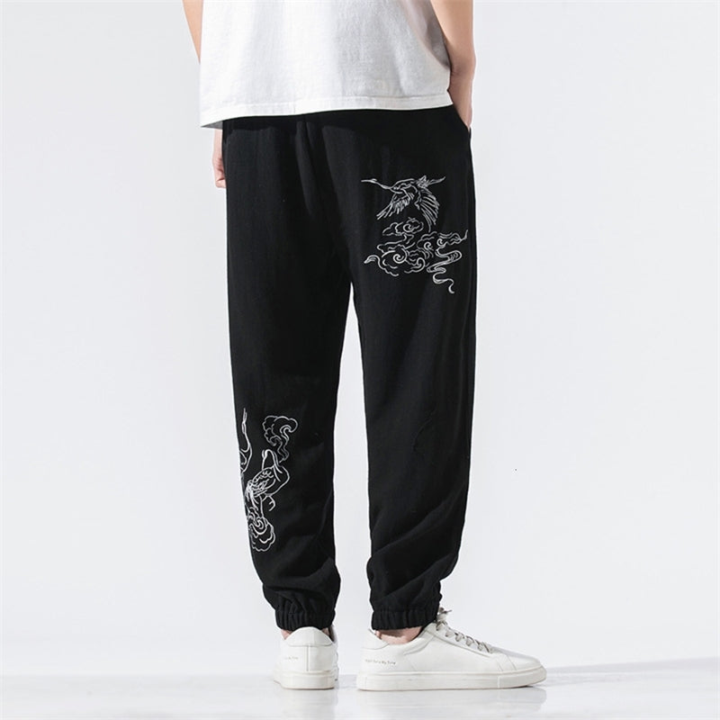 Men&#039;s Pants Summer cotton hemp large Chinese style crane embroidery casual breathable Leggings loose trousers LGMJ