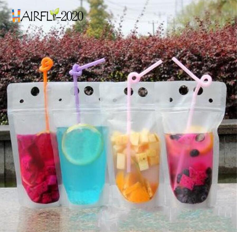 US Stock Disposable 24H ship Clear Drinks Pouches Bags Plastic Drinking Bag with Straw Reclosable Heat-Proof Juice Coffee Liquid Bags A13
