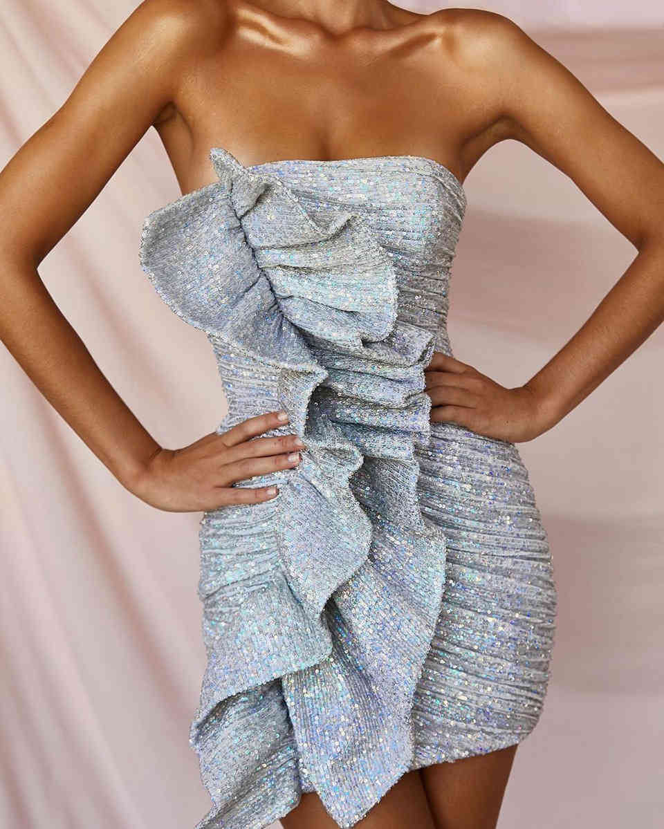 Glitter Sequins Lady Party Arrived Strapless Sleeveless Ruffles Zipper Back Sparkl Short Bodycon Nightclub Gowns