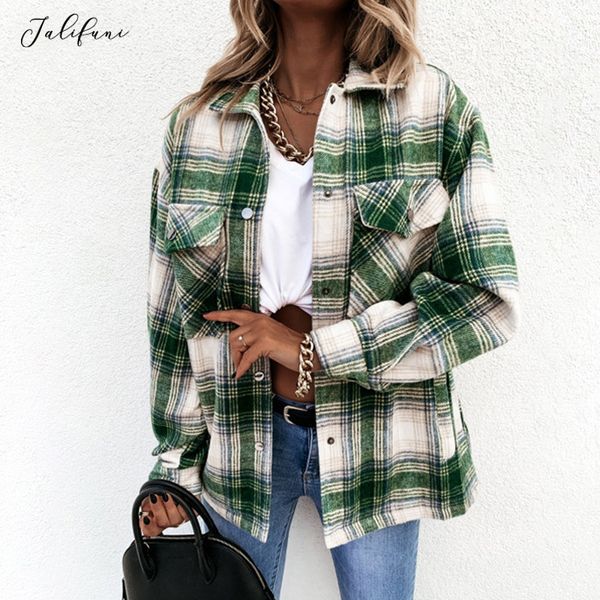 Autumn Winter Long Shirts Women Green Oversided Casual Plaid Long Sleeve Button Up Collared Jacket Tops And Blouses Fashion 210415