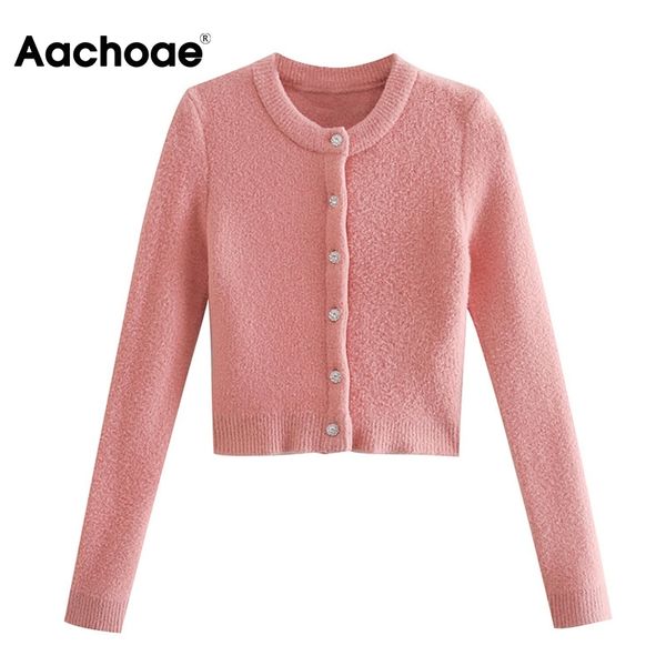 Pink Cropped Cardigan Sweater Women O Neck Casual Knitted Outerwear Tops Ladies Long Sleeve Sweet Cardigans 210413