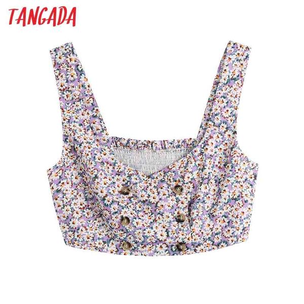 Women Fashion Buttons Floral Print Cropped Blouses for Beach Vintage Back Elastic Straps Tops BE534 210416