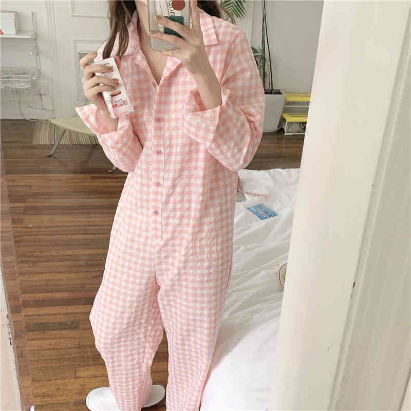 Casual Dresses 2021 Plaid Cotton Ins Fashion Long Sleeve Sleepwear Girls Sweet Lovely Loose Pajamas Women Cute Home Wear Jumpsuit YI88