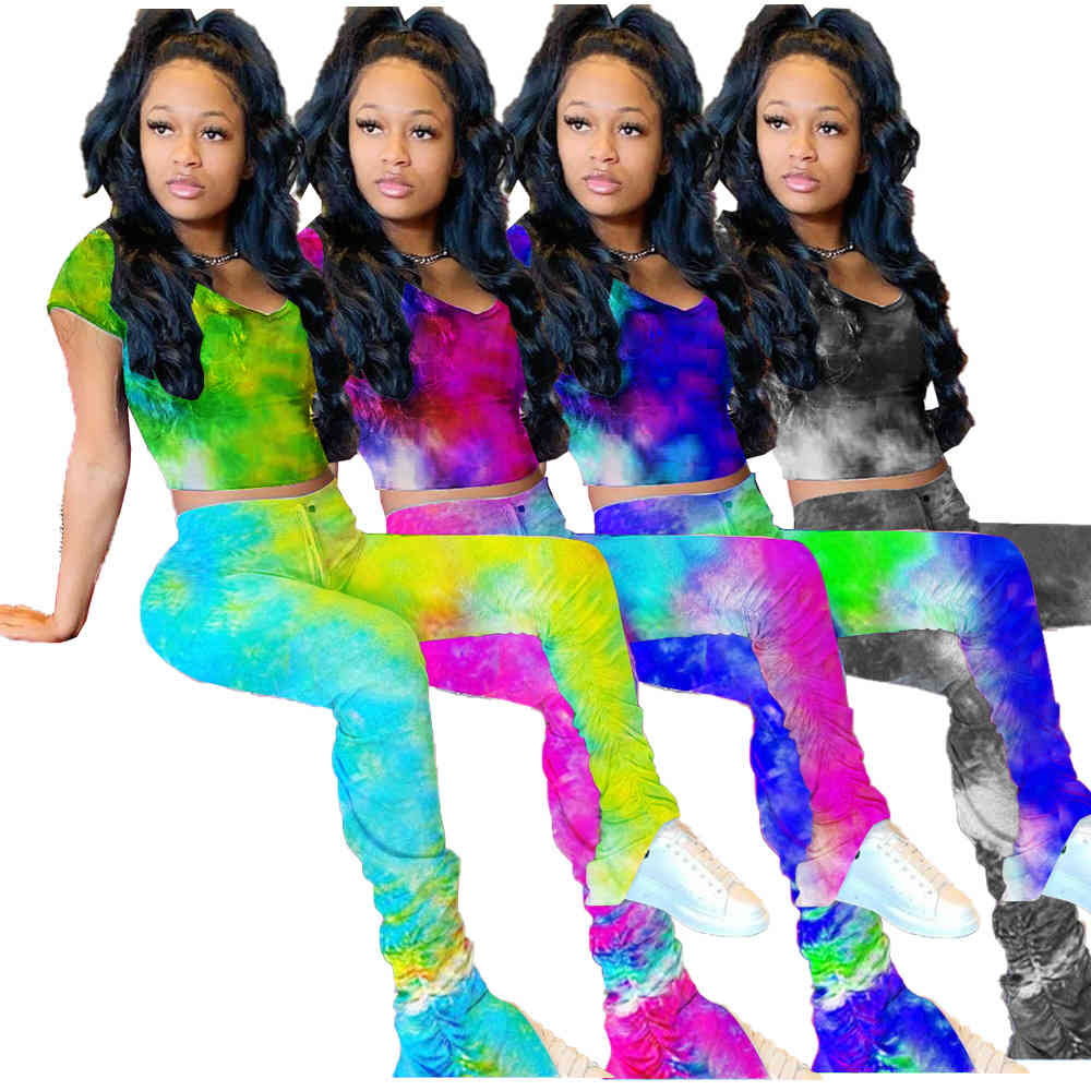Women&#039;s Tracksuits Tie Dye Print Women 2 Piece Set Casual Crop Top + High Waist Leggings Stacked Pants Matching Sets Bell Bottom Outfits ID5