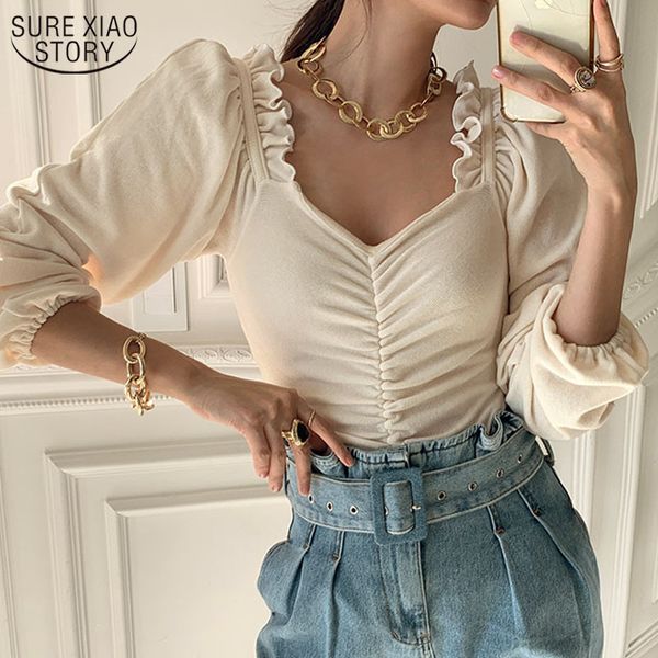 Elegant Cotton Women Ruffles Tops Spring Square Collar Blouse Pleated Shirts Puff Sleeve Lady Chic Blouses 12904 210417