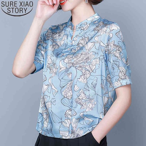 Women&#039;s Shirt Print Satin Blouse Fashion Summer Silk Blouses Women Short Sleeve Plus Size 4XL Tops Blusas Clothes 10331 210417
