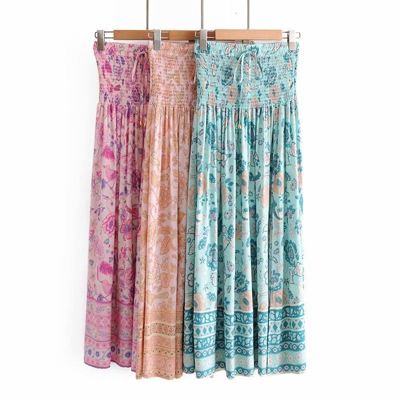 Bloom Maxi Elastic Waist Casual Women Floral Print Bohemian Beach Boho Chic Long Skirt Holiday Seaside Summer Skirts