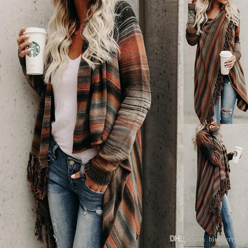 Women&#039;s Sweaters Asymmetrical Cardigan Sweater Women Long Sleeve Outerwear Scarf Collar Orange Stripe Tassel Jumper Size S-XL MQCE