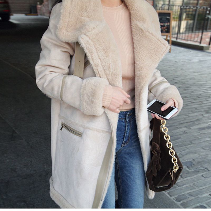leather Winter Women Lamb Wool Thick Warm shearling Coat Loose Plus Size Long Coats Faux Suede Leather Jackets Outerwear A61