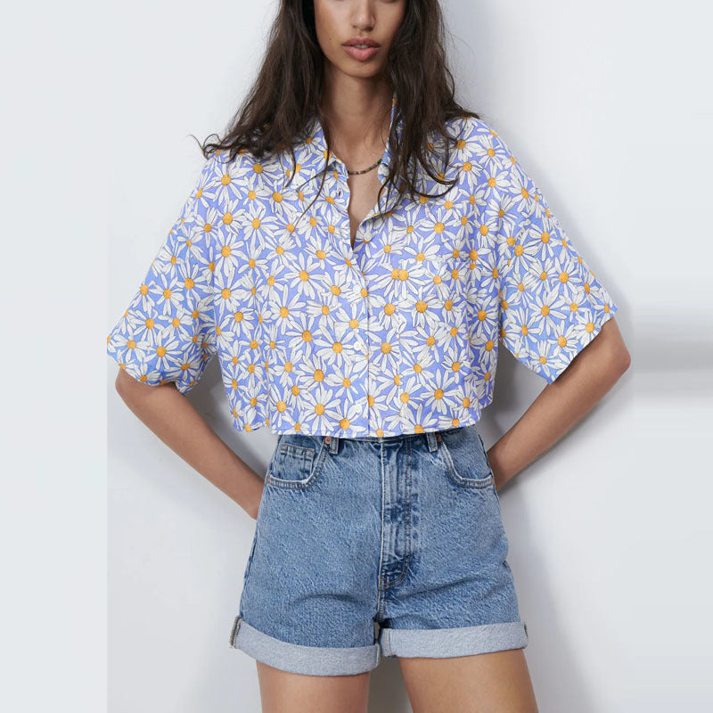 dresses Linen Print Summer Shirt Women Short Sleeve Cropped Blouses Chic Patch Work Button Up Top Woman Loose Blue Shirts