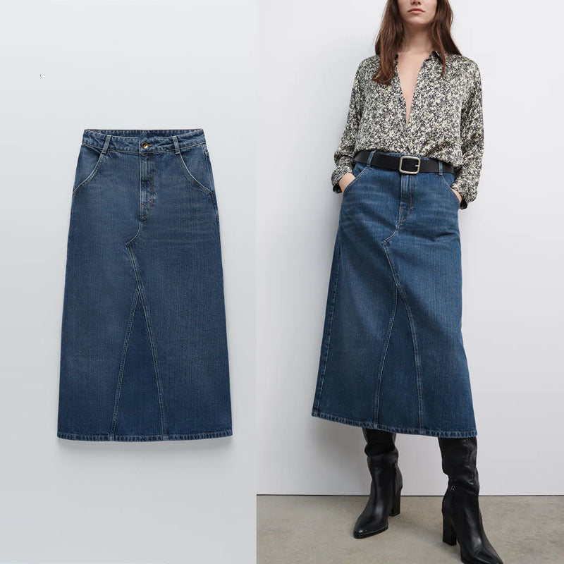dresses ZA High Waist Denim Midi Skirt Women Side Back Patch Pockets Vintage Spring Skirts Woman Front Zip Casual