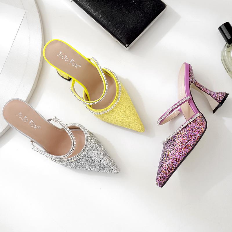 2021 Summer Women Slipper New Elegant Rhinestone Crystal Mules Glitter Bling Sequins Pointed Toe Cup Heel Pumps Women Slipper Size