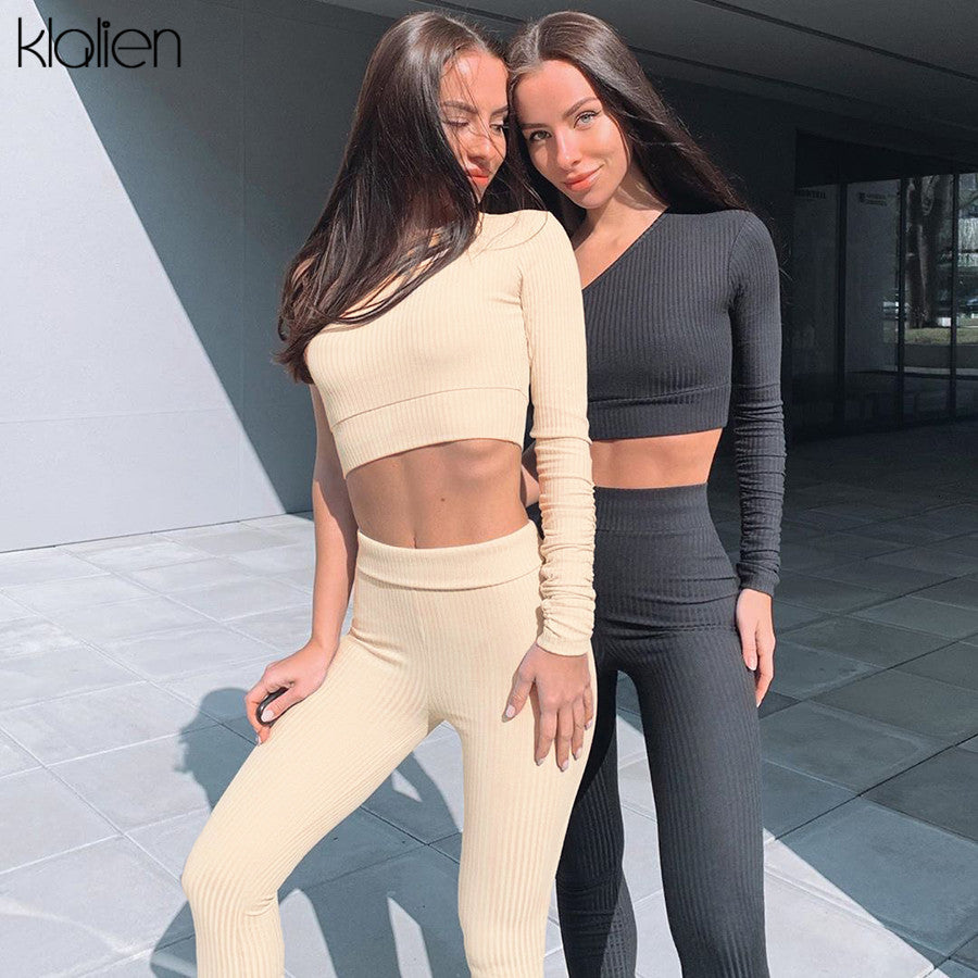 t shirt high street casual tracksuit women rib knitted top and pant solid 2 piece set fitness activewear elastic female outfit