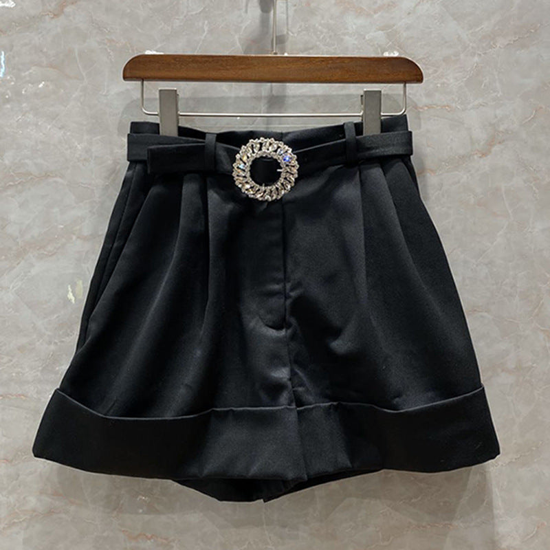 shorts MIU Wool Silk Blend Women Shorts Fashion Office Ladies Pleated Crimping Wide Leg Autumn Luxury Brand Runway Short