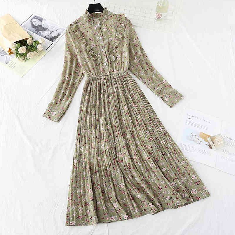 dresses Women Elegant Stand collar Floral Print Office Lady Chiffon Long Sleeve Pleated Spring Midi Vestidos