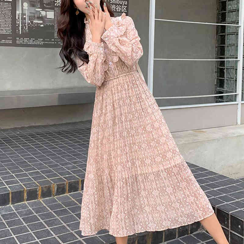 dresses Spring Summer Floral Chiffon Women Elegant Ladies Vintage Casual Office Print Long Sleeve Vestidos Clothing