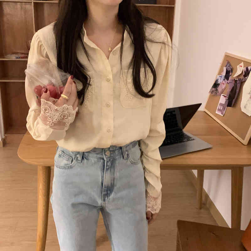 dress Office Lady Casual Lace Patchwork Chic Loose Retro Gentle Blouses Tops Streetwear All Match Stylish Shirts