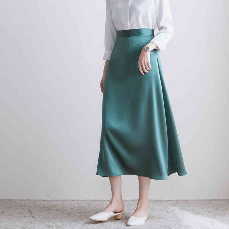 blazers Women Satin 2021 Side Zipper Office Ladies elegant chic A-line Midi skirts HIgh Waist Solid COlor Faux Silk Long Skirt
