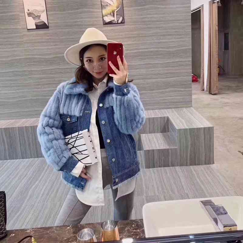 leather SellersMink Women Coats Winter Fashion Natural Real Mink Fur Duck Down Inner Jacket Female Outerwear Denim Warm