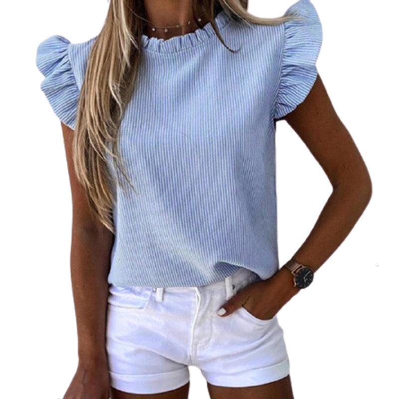 jean Women Casual Floral Print Ruffle Blouse Summer Butterfly Sleeve Blouses & Shirts Lady O-Neck Tops Blusa Streetwear